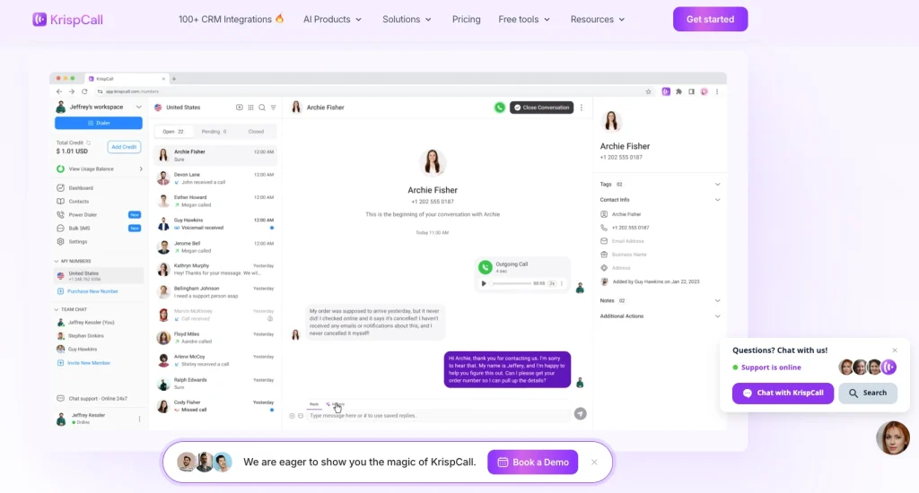 KrispCall is a voice-over-internet-protocol calling service