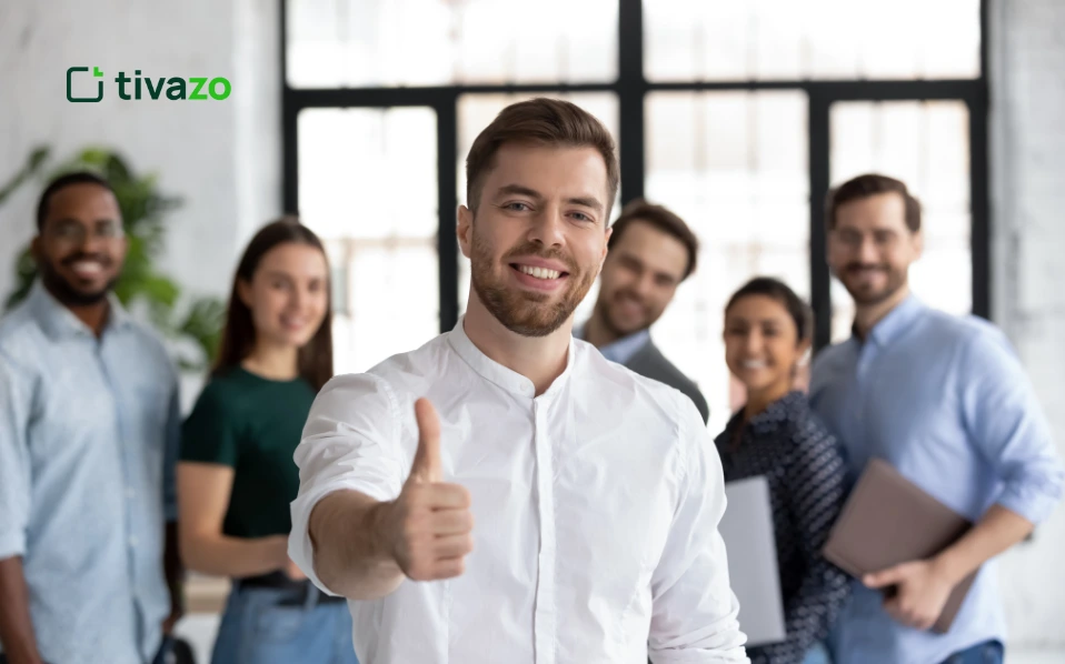 Employee Satisfaction and showing thumbs up sign in a group