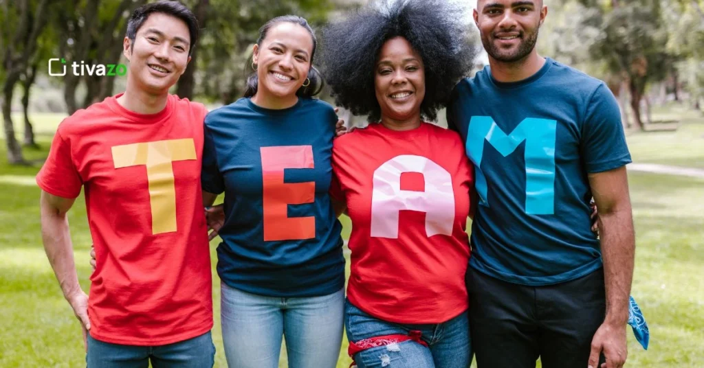 four people together to team building for leadership