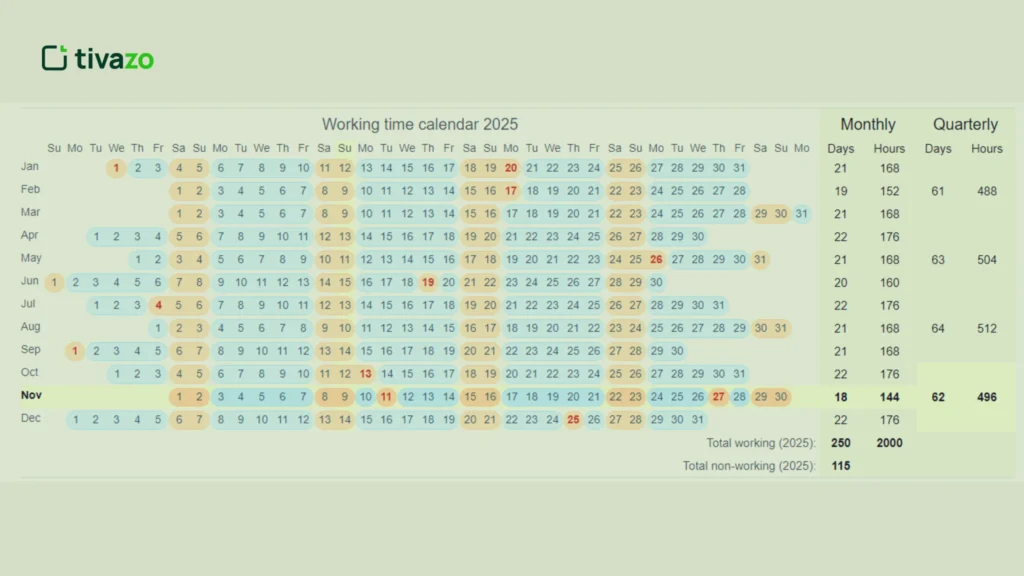 work time calender 2025