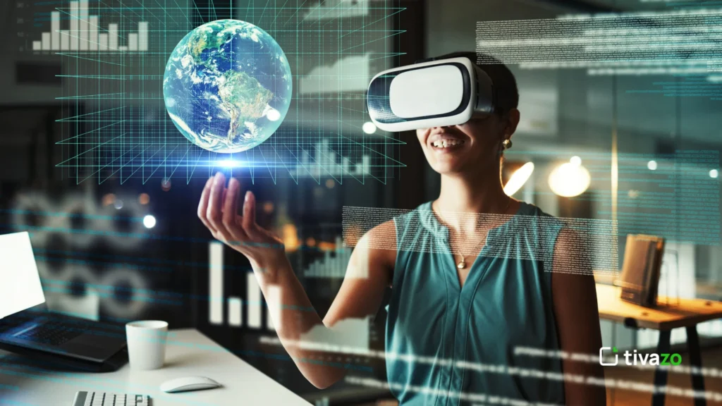 visualization of Virtual Reality (VR) in 2025, highlighting terms like immersive experiences, 3D environments, augmented reality, headsets, and interactive simulations