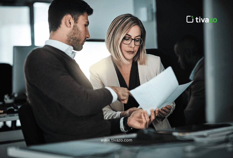 boy and girl discussing about specific task in New York Office