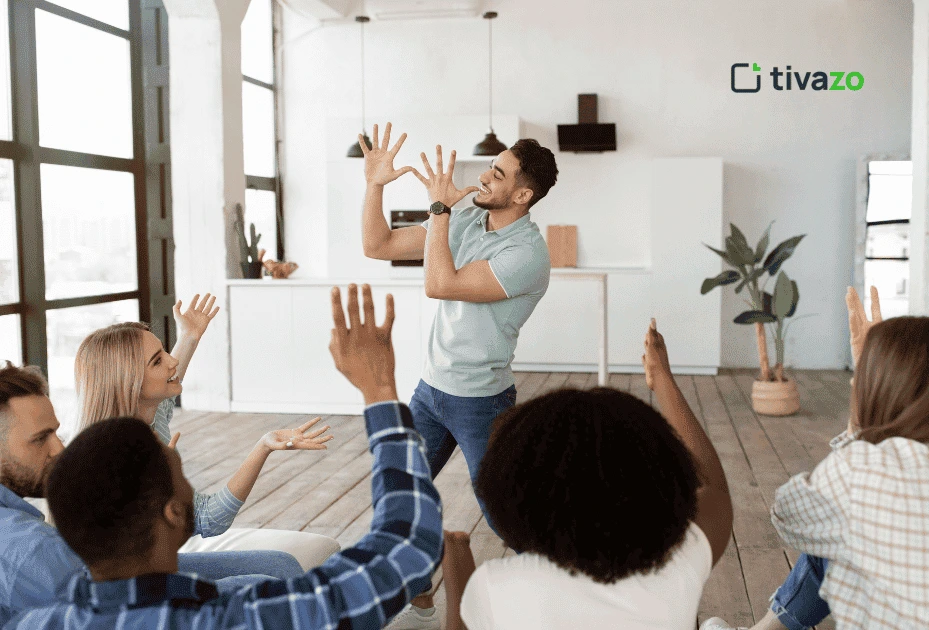 office teams playing game in their workplace