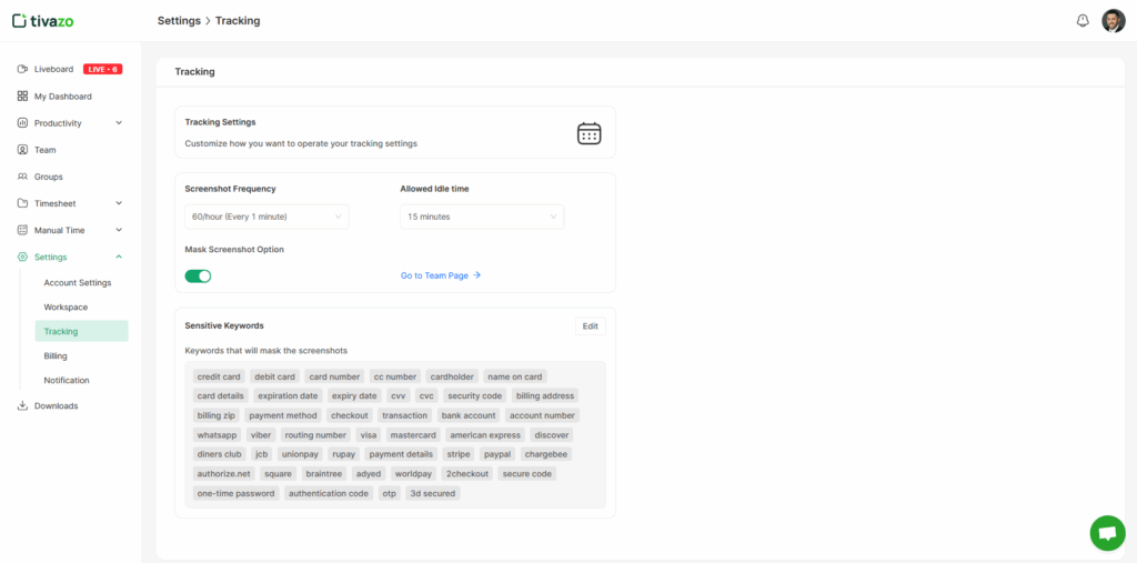 Tivazo user interface for tracking productivity and time which will also help to identify early burnout indicators